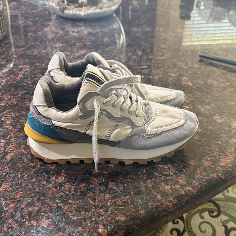 ShuShop Gray and White Sneakers with Yellow Accent